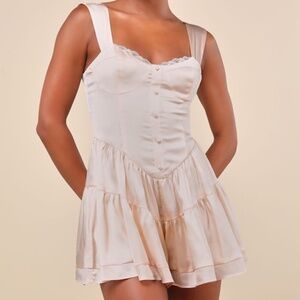 Lulus Positively Adorable Cream Satin Tiered Bustier Romper White - Size L